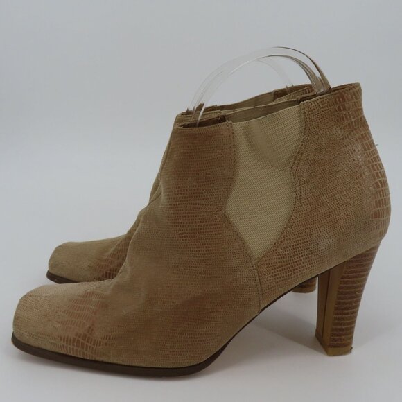VTG Newport News Women 8 B Tan Leather Upper Square Ankle Boots Booties Boho - Picture 6 of 16
